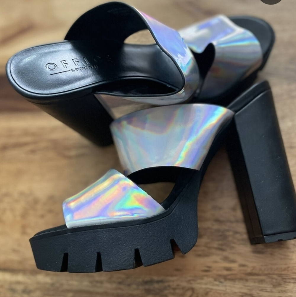Office london silver holographic chunky sole platform mules heels sandals 39